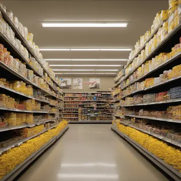 Service bell fixture in Suburban grocery aisle. A shopper picks up an item that is not on their list, causing the bell to ring. Yellow plastic shelving
