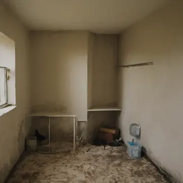 Stacked boxes of cleaning supplies in Utility room adjacent to laundry. A small leak has caused damp cardboard to warp and settle. Slightly warped floor tiles