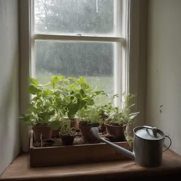 Overgrown potted herbs in Sunroom attached to a kitchen. A person is meticulously tracking the opening and closing of small, wooden seed packets. Dust motes suspended in afternoon...