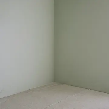 A freshly painted patch of wall in Master bathroom corner. The paint is perpetually wet and seems to shift slightly when observed. Damp sheen on the corner baseboard
