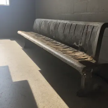 A metal bench seat in Small transit waiting area. Routine repair work is stalled by recurring minor adjustments. Dust film on the bench slats