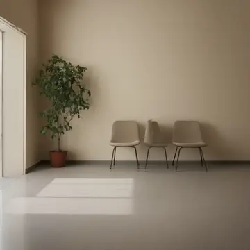 A small, labeled plant pot in Empty waiting room reception area. The space is meticulously arranged for an anticipated arrival that has not occurred. Dust settling on magazines