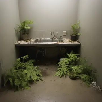 Chlorophyll-stained potted fern in Utility sink room. A routine cleaning effort is stalled by an unexpected growth pattern. Wet grout lines