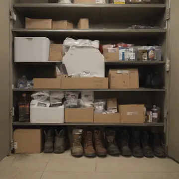Cardboard box of labels in Utility supply closet. Inventory clerk restocks shelf, noticing an item that refuses to stay in its assigned spot. Dust motes in fluorescent light