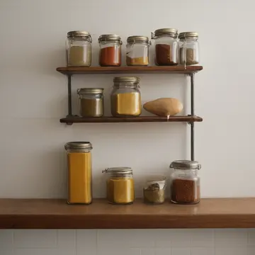 The spice rack unit in Kitchen utility corner. A morning reset is underway, but one jar remains slightly askew. A faint smear of turmeric powder on tile