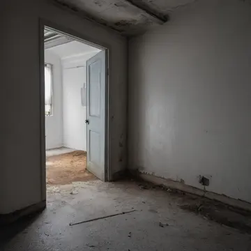 Emergency exit door in Sublevel stairwell landing. A worker is waiting for the signal to clear, observing the routine flow of people. Dust motes suspended in the beam of light
