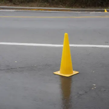Yellow traffic cone in Bus stop shelter corner. A single, damp cone sits at the curb edge. Wet asphalt sheen
