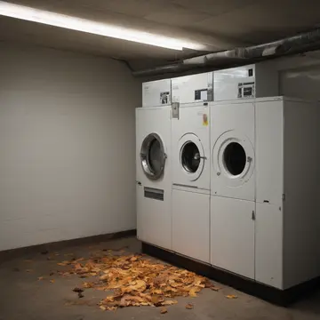 Industrial dryer unit in Small neighborhood laundromat. A single machine is running, vibrating slightly off-kilter. Stacked plastic laundry baskets