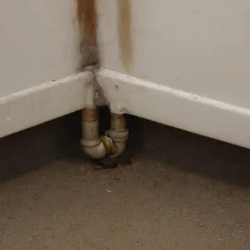 The drain assembly in Utility closet beneath a sink. A plumber is attempting to seal a recurring leak point. Grease residue on porcelain basin lip