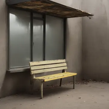 A bench slat in Empty bus shelter corner. Waiting for an unseen passenger to arrive. Cracked yellow paint on the shelter frame