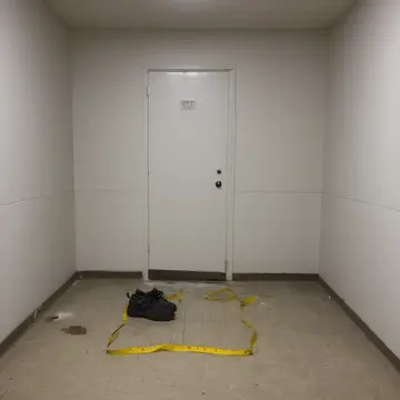 Rolled industrial tape measure in Utility closet near retail service entrance. A repair crew is measuring a niche for shelving installation. Yellow plastic casing