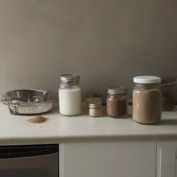 Spice rack in Kitchen counter corner. Morning prep for breakfast routine. Granite countertop grain