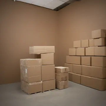 Cardboard display box in Retail stockroom corner. A shelf is being temporarily stabilized by stacked, empty packaging. Crushed corrugated cardboard edges
