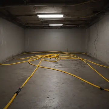 Orange extension cord in Subway platform maintenance crawlspace. A delayed transit routine forces attention to the repeating loop of an electrical cable. Dust-caked yellow warning...