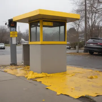 Overfilled recycling bin in Bus stop shelter corner. Cleaning crew is performing end-of-shift sorting. Scuffed concrete base