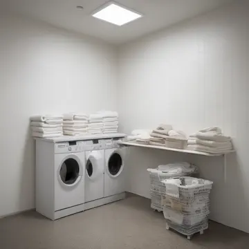 Industrial laundry basket in Small utility room off department store floor. Staff are folding stacked towels near the back wall. Damp folded towels