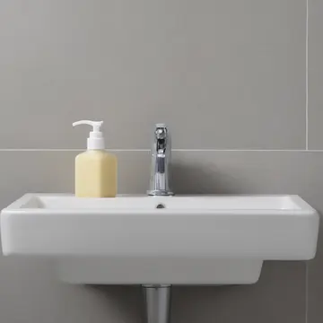 A stack of unused hand soap dispensers in Bathroom vanity and mirror. The routine of preparing for an expected arrival is stalled by scattered, mismatched items. Slightly damp...