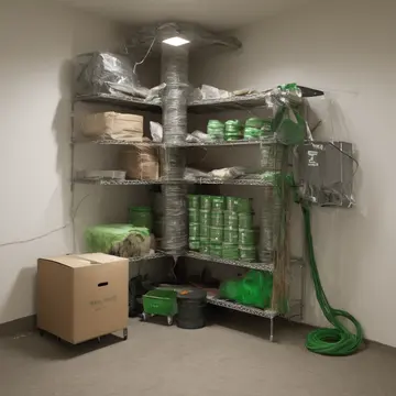 Spools of electrical tape and coiled cords in Utility closet corner. Items are neatly arranged, but one cord is slightly askew. Dust motes suspended in weak light