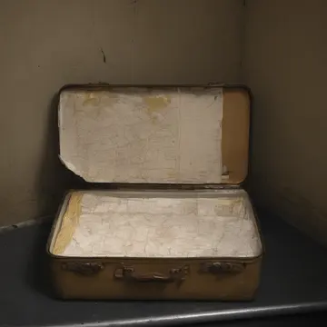 Cardboard luggage box in Utility room corner. Tickets and maps are haphazardly stacked inside, slightly damp. Faded paper edges