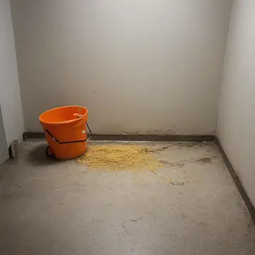 A damp mop bucket in Utility room stairwell landing. Cleaning is stalled by an unusual seasonal scent. Wet mop head bristles