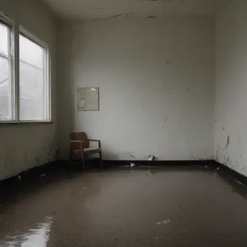 A stack of unused filing folders in Waiting room for municipal records. The room is quiet, waiting out an unexpected rainstorm. Wet laminate floor tiles