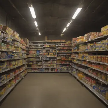 The inventory counter scale in Small corner storeroom behind a grocery checkout. A single, labeled bin of canned goods sits exactly off-center on the shelf. Fluorescent strip...