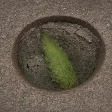 Moss-covered root system in Small utility sink alcove. The damp soil is slowly creeping up the baseboard. Wet, dark earth clinging to grout lines