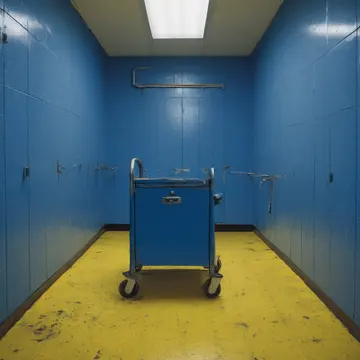 Empty utility cart in Staff locker room corner. Routine cleaning and inventory check after hours. Scraped metal edges on the cart