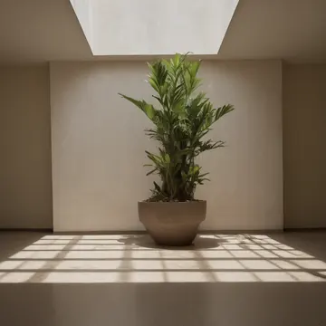 A worn ceramic planter in Main lobby waiting area. Waiting for an unseen appointment in a quiet corner. Dust motes suspended in light shafts