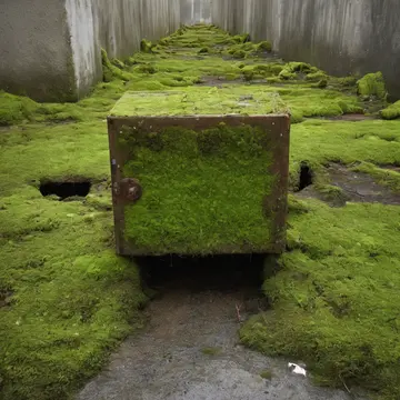 Moss-covered utility box in Sublevel maintenance corridor. A routine inspection for water leaks is underway. Wet earth staining the concrete floor