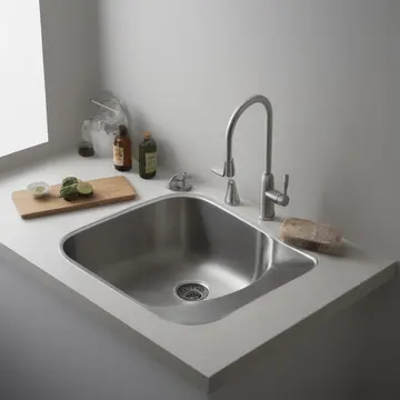 Dish soap bottle in Kitchen utility sink. Morning reset cleanup after breakfast dishes. Kitchen utility sink
