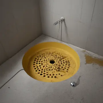 Wet dog fur and fallen leaves in Utility sink alcove. A routine cleaning process is interrupted by accumulation. Yellow soil clinging to drain grate