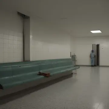 A single, polished wooden bench in Empty waiting room near a transit hub. The cleaning crew has finished, leaving everything spotless but unnervingly still. Dust on the metal...