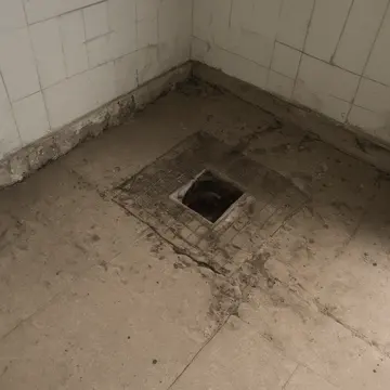 Cleaning mop bucket and basin in Utility room corner. The water is draining slowly into a floor drain. Wet soap scum ring