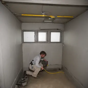 Service access panel in Industrial utility closet. A technician is adjusting a junction box cover. Oil-stained concrete floor
