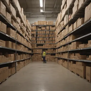 Cardboard packaging stacks in Retail storage room aisle. A worker is attempting to organize cheap, bulk goods. Crushed foam inserts