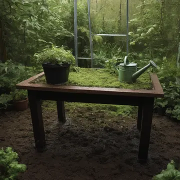 Potted fern in Suburban greenhouse potting bench. The water level in the pot rises slowly overnight. Wet leaf tips