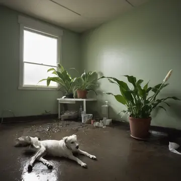 A potted houseplant (Peace Lily) in Empty veterinary examination room. An assistant is attempting to clean up after a routine animal check, but the plant seems to be guiding the...