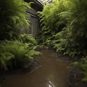 Fallen potted fern in Service corridor near potting bench. Cleaning up after closing hours. Wet potting mix
