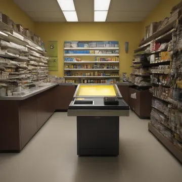 Barcode scanner in Retail checkout counter. The register is open and waiting for payment. Yellow plastic keypad