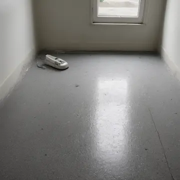 The rubberized floor mat in Residential laundry room. A quiet, late-afternoon routine of cleanup and preparation for closing. Grey linoleum seams