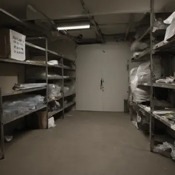 Industrial label printer in Utility closet near loading dock. A stack of unused, unlabeled tags sits on a metal shelf. Fluorescent hum above the shelving