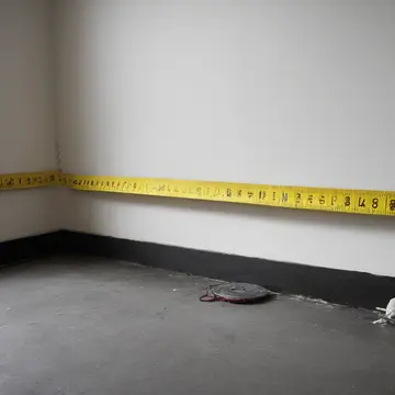 Rolled electrical cable and measuring tape in Utility room near transit line. A repair worker is meticulously checking the length of an exposed conduit. Yellow caution strip on the...