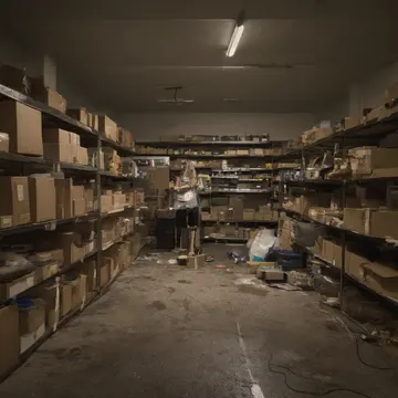 Barcode scanner unit in Retail returns counter, back alley access. Inventory clerk processing end-of-day goods. Stack of brown cardboard boxes