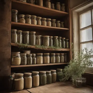 A jar of dried thyme in Kitchen pantry shelf. Someone is meticulously rearranging spices and labels. Dust on glass jars