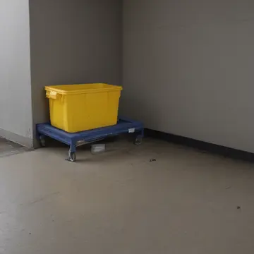 A stack of labeled plastic bins in Utility corner near receiving bay. The last worker is organizing inventory before locking up. Yellow plastic bin edge