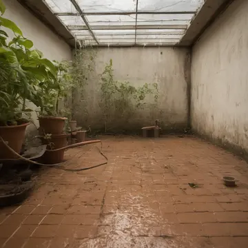 watering can and potted herbs in Utility room adjacent to greenhouse. Morning cleaning routine interrupted by misplaced growth. Wet terracotta floor