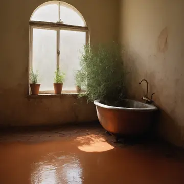 Small potted rosemary plant in Kitchen utility sink alcove. A person is carefully observing the plant's growth pattern against the damp wall. Wet terracotta floor sheen