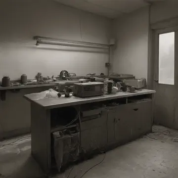Assortment of unlabeled spools and cords in Utility room counter. A methodical morning arrangement of tools and parts, interrupted by an misplaced item. Dust motes suspended in...
