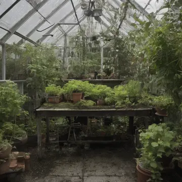 Root balls and soil in Greenhouse potting bench. The closing routine of evening watering and pruning. Wet soil drips onto concrete floor
